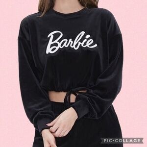 Barbie Black Velour Pullover Cropped Long Sleeve Drawstring Sweatshirt Top Sz M
